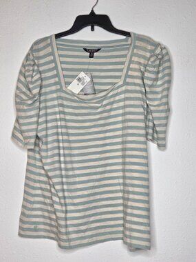 Lauren Ralph Lauren Striped Cotton Jersey Puff-sleeve Tee Aqua Pearl/Mascarpone